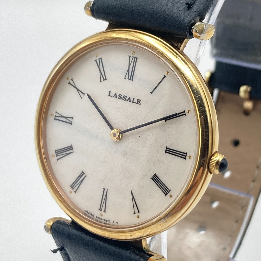 Vintage Lassale Men's Watch 32mm Gold Tone 5E20-8A69 Slim Black Band New Battery - Picture 4 of 16